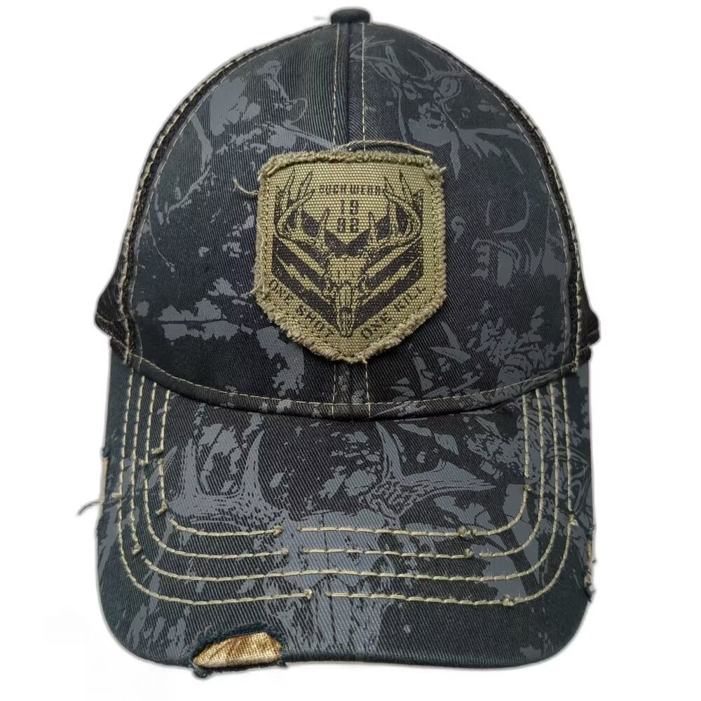 Buck Wear Trucker Hat Black Gray One Size Snapback Distressed Deer Patch Camo